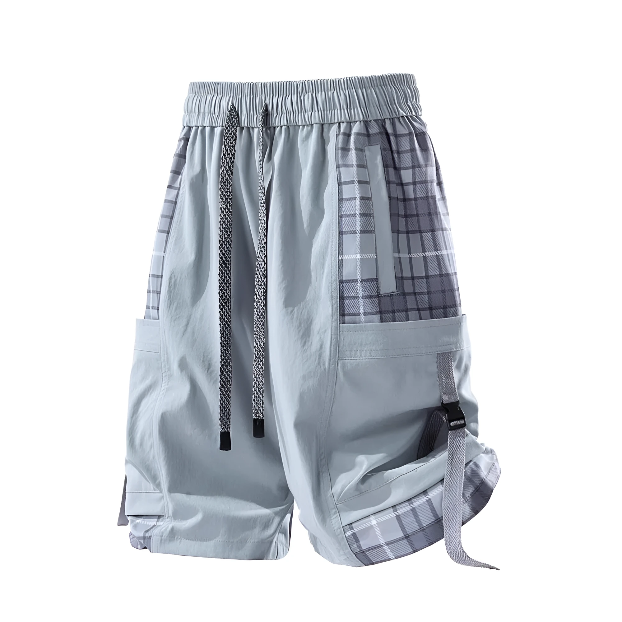 Men's casual cargo shorts with plaid stitching detail in loose fit design