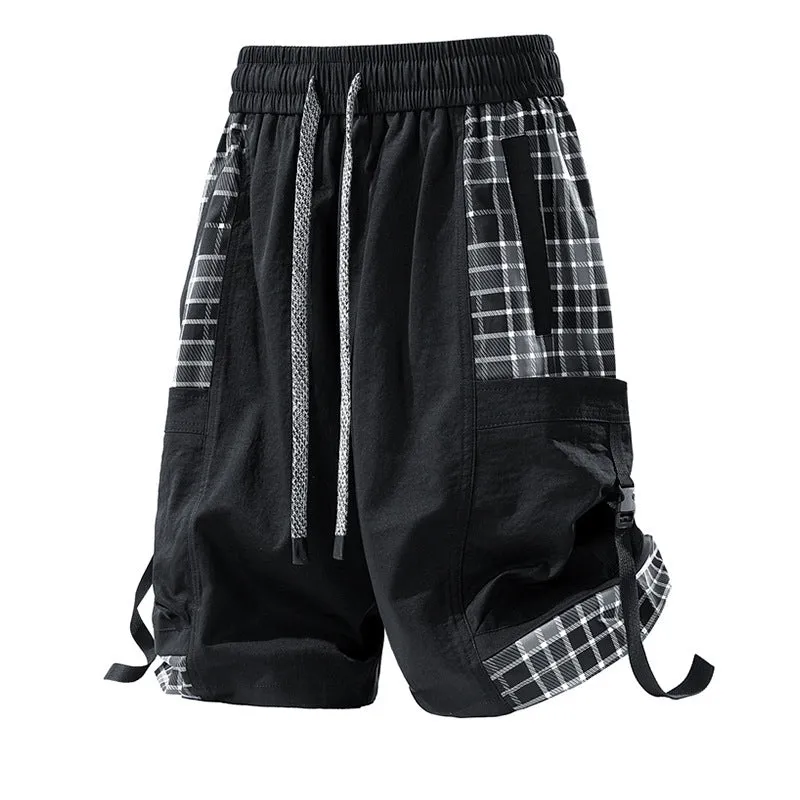 Men's casual cargo shorts with plaid stitching detail in loose fit design