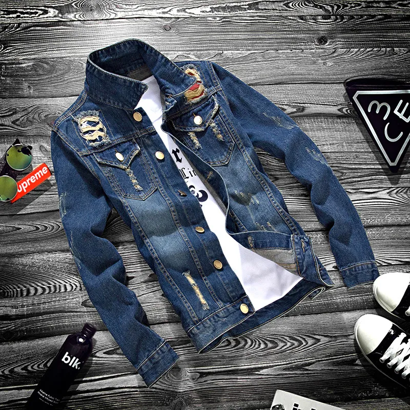 Men's casual denim jacket in dark blue with lapel collar and button decoration