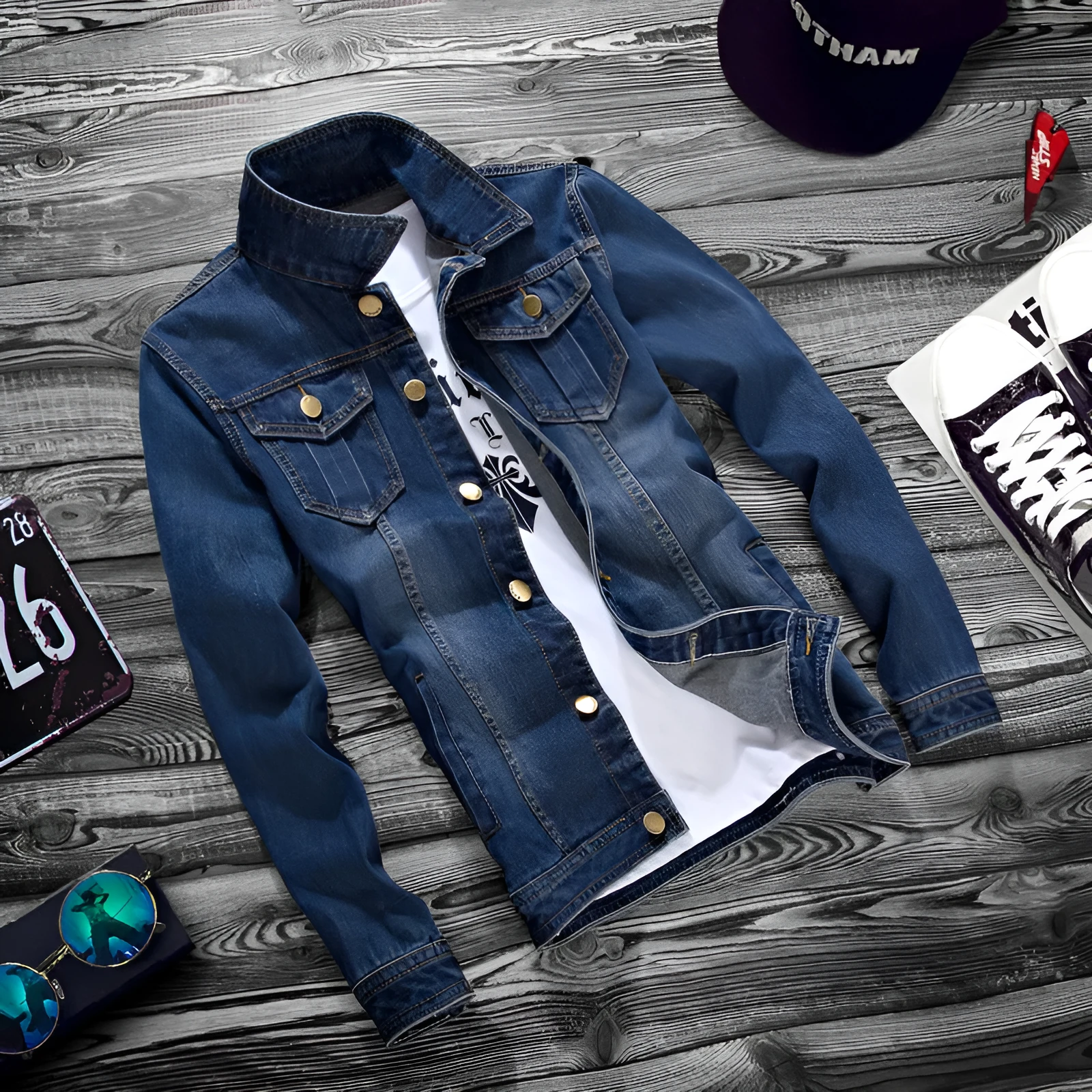 Men's casual denim jacket in dark blue with lapel collar and button decoration