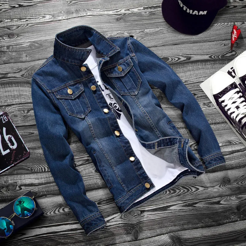 Men's casual denim jacket in dark blue with lapel collar and button decoration
