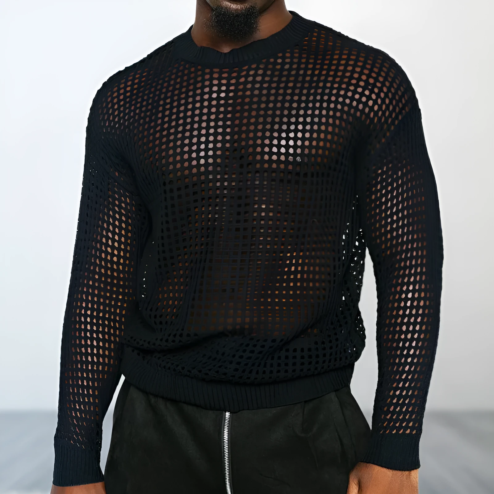 Black thin acrylic round neck loose fit pullover sweater on model