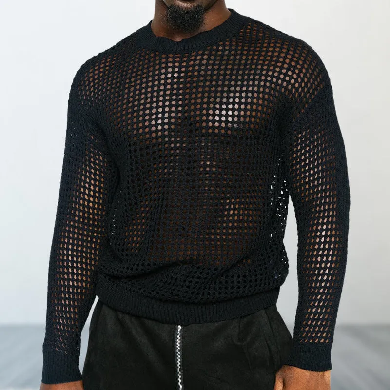 Black thin acrylic round neck loose fit pullover sweater on model