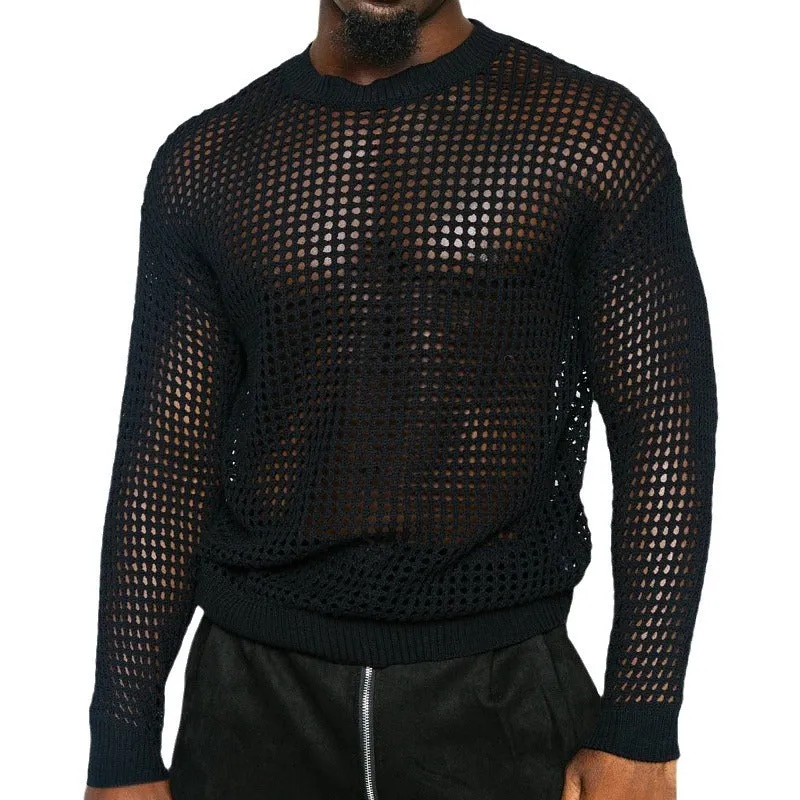 Black thin acrylic round neck loose fit pullover sweater on model