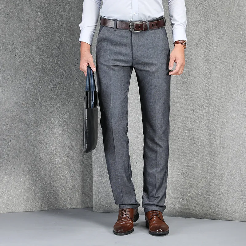 Men's cotton straight leg casual trousers in black, dark blue, and grey, waist sizes 28-42