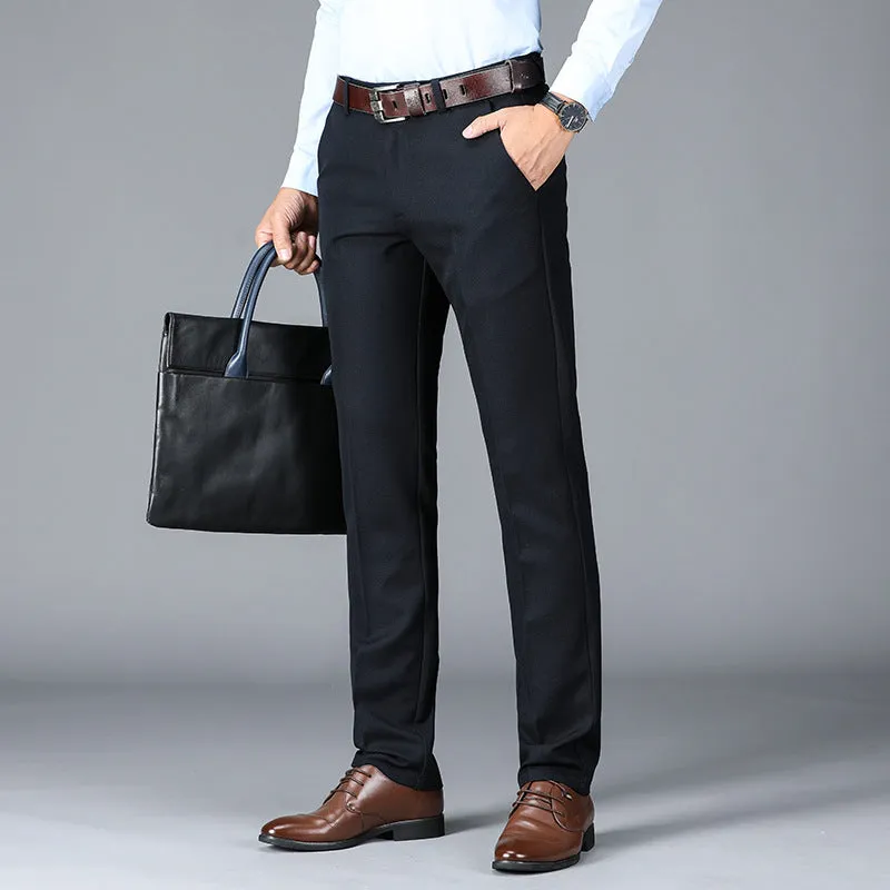 Men's cotton straight leg casual trousers in black, dark blue, and grey, waist sizes 28-42
