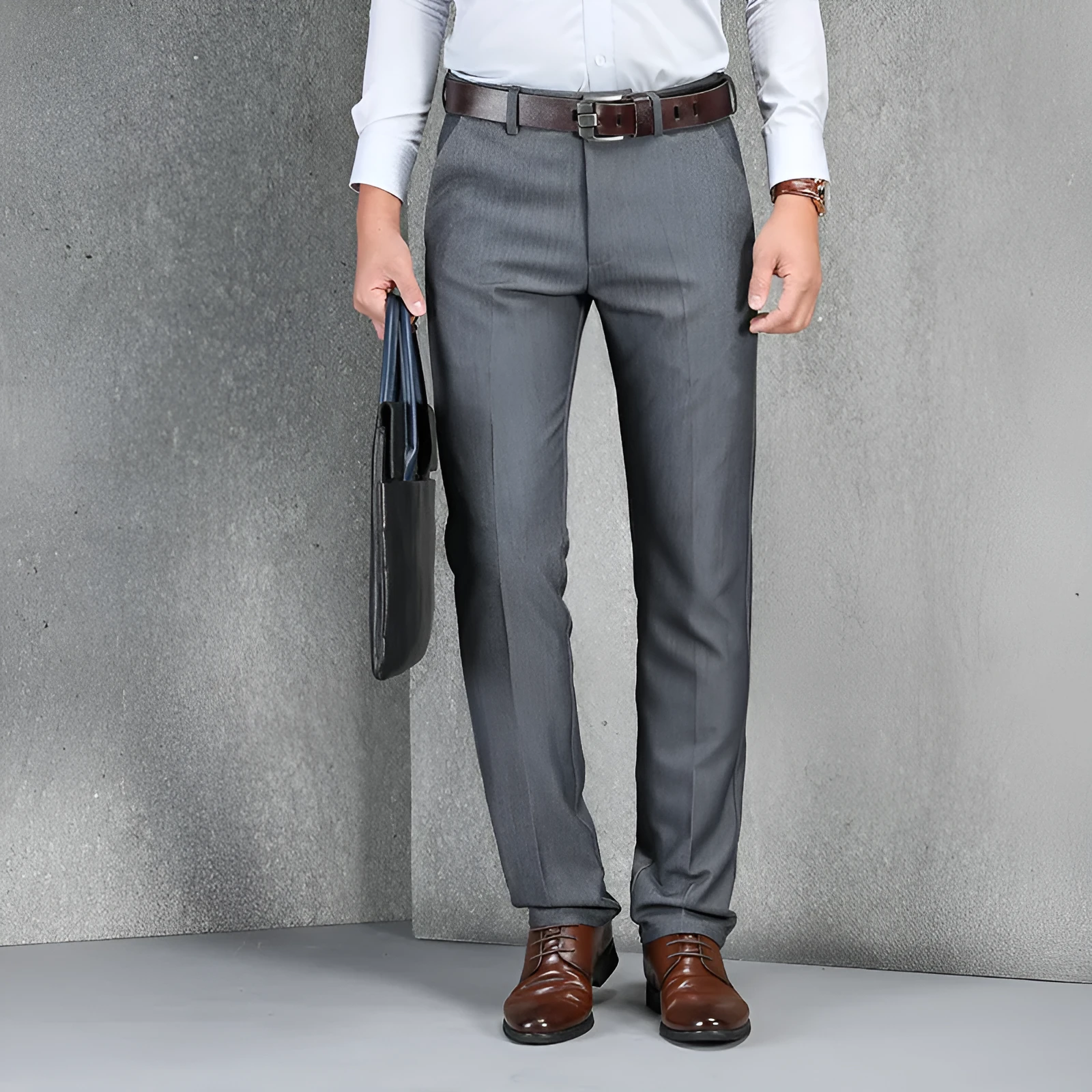 Men's cotton straight leg casual trousers in black, dark blue, and grey, waist sizes 28-42