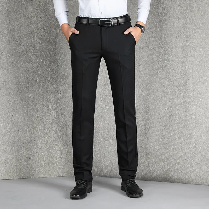Men's cotton straight leg casual trousers in black, dark blue, and grey, waist sizes 28-42