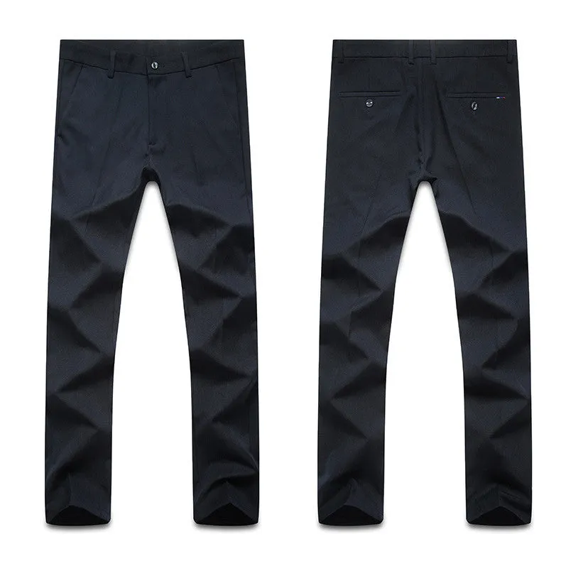 Men's cotton straight leg casual trousers in black, dark blue, and grey, waist sizes 28-42