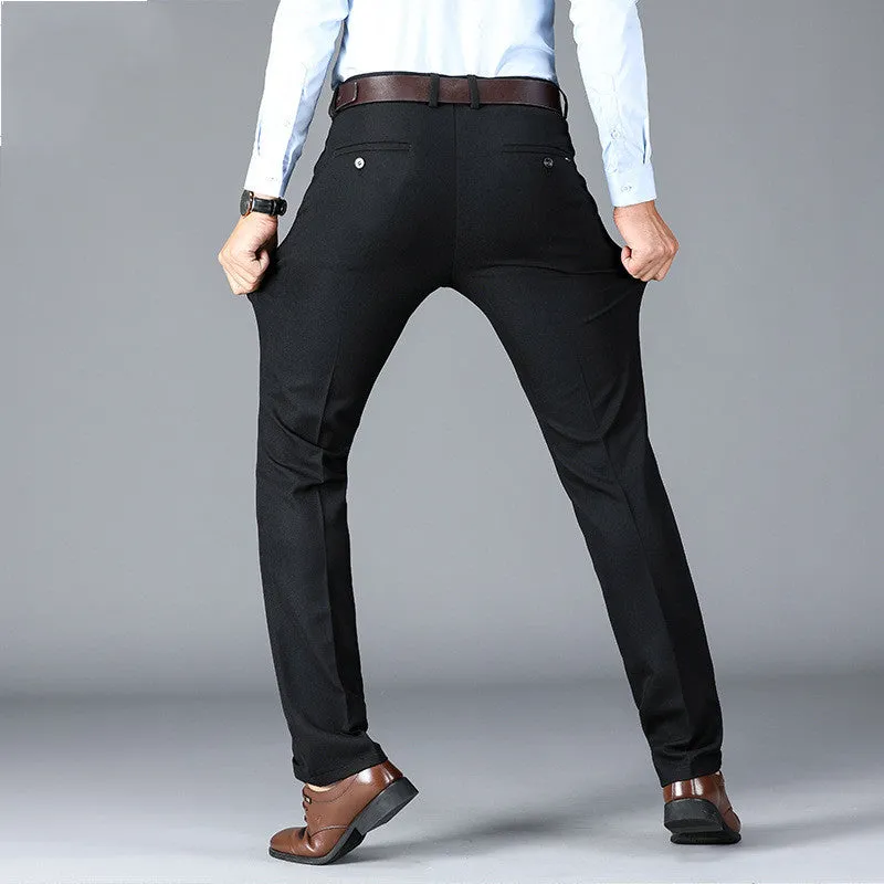 Men's cotton straight leg casual trousers in black, dark blue, and grey, waist sizes 28-42