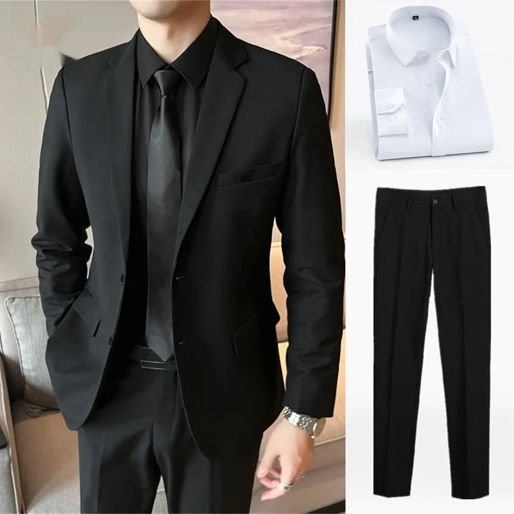 Men's slim fit corduroy suit set with shirt and tie in Korean style, spring collection
