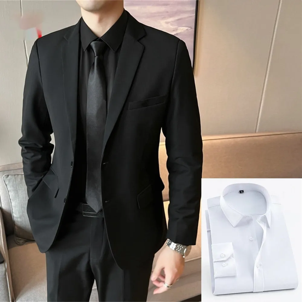 Men's slim fit corduroy suit set with shirt and tie in Korean style, spring collection