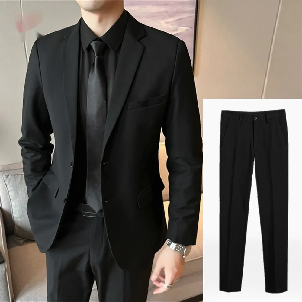 Men's slim fit corduroy suit set with shirt and tie in Korean style, spring collection