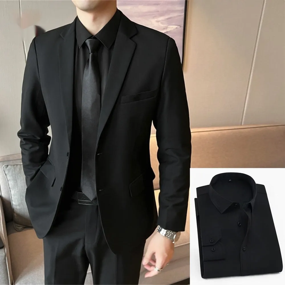 Men's slim fit corduroy suit set with shirt and tie in Korean style, spring collection
