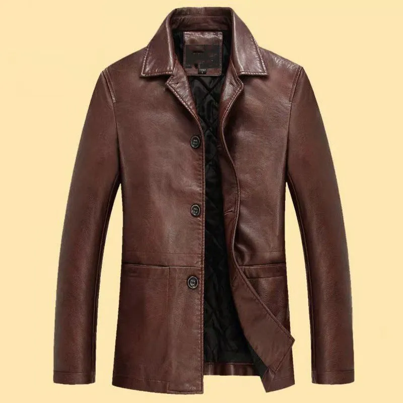 Men's solid colour PU leather polo collar coat with extended 100cm length and tight fit in black