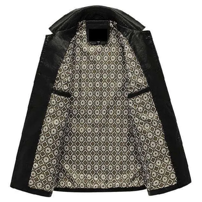 Men's solid colour PU leather polo collar coat with extended 100cm length and tight fit in black