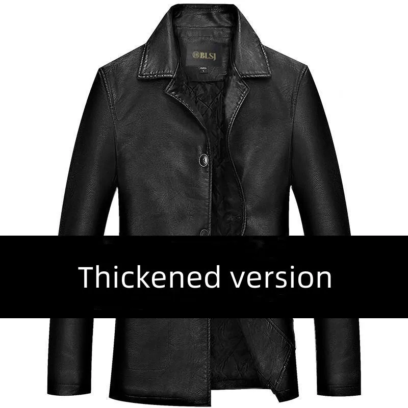 Men's solid colour PU leather polo collar coat with extended 100cm length and tight fit in black