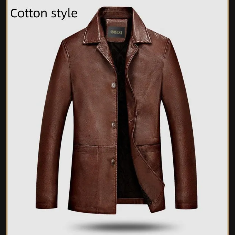 Men's solid colour PU leather polo collar coat with extended 100cm length and tight fit in black