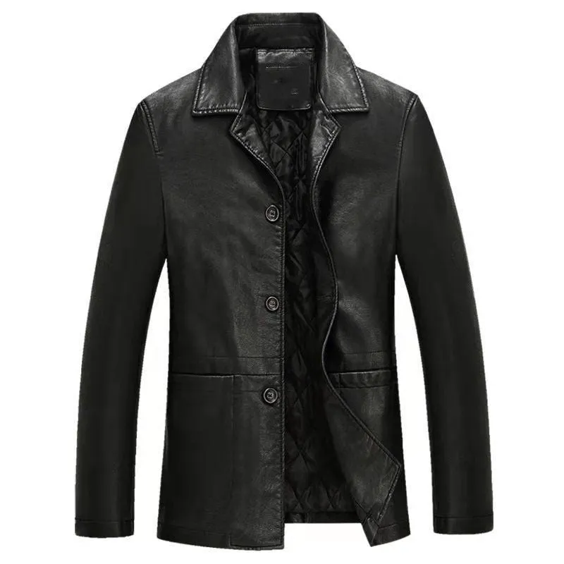 Men's solid colour PU leather polo collar coat with extended 100cm length and tight fit in black