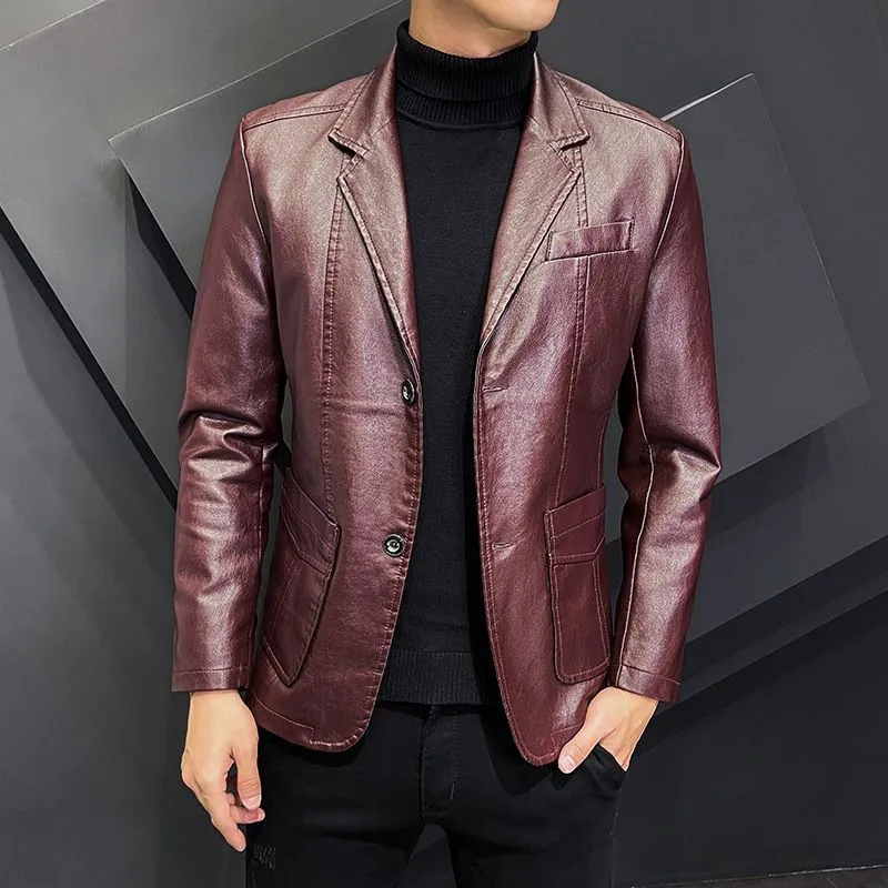 Men's solid colour PU leather polo collar coat with extended 100cm length and tight fit in black