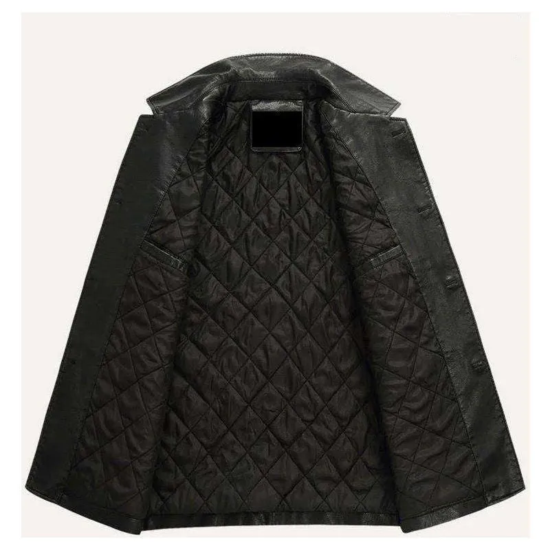 Men's solid colour PU leather polo collar coat with extended 100cm length and tight fit in black