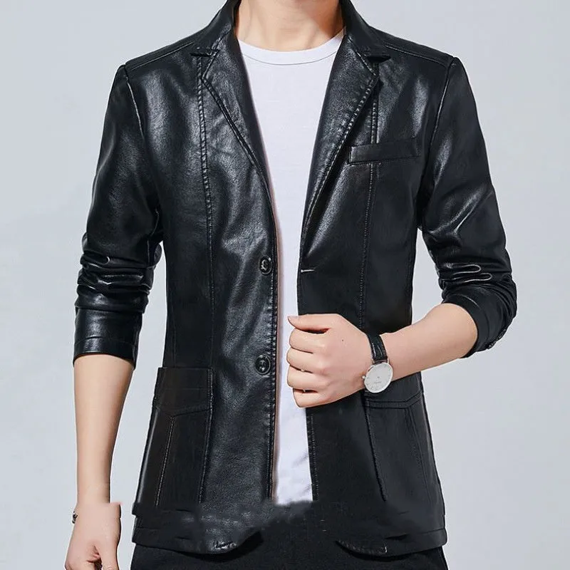 Men's solid colour PU leather polo collar coat with extended 100cm length and tight fit in black