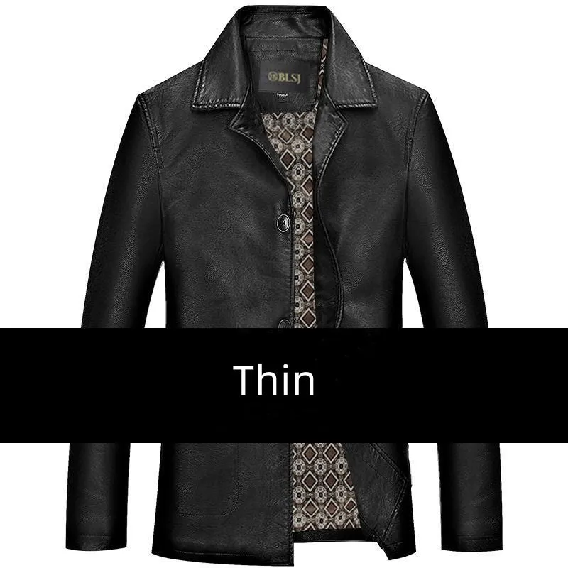 Men's solid colour PU leather polo collar coat with extended 100cm length and tight fit in black