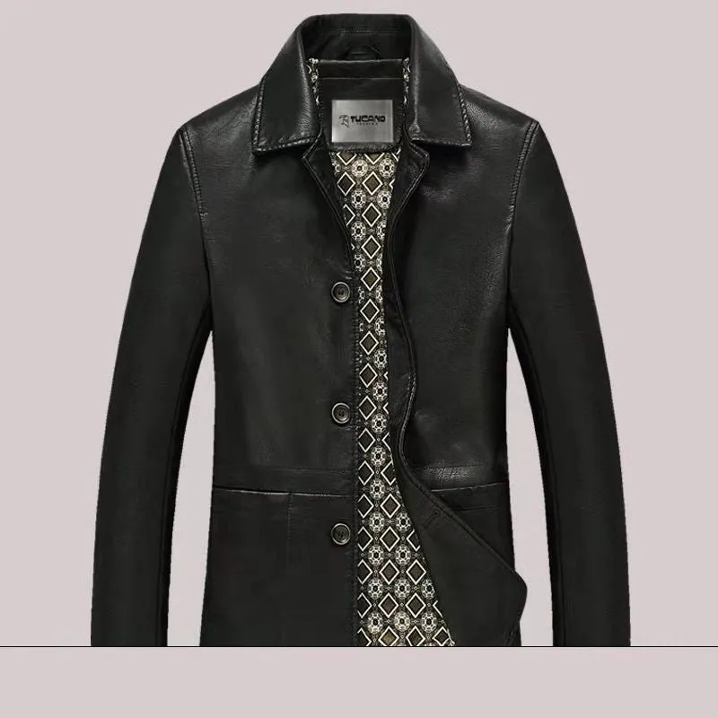Men's solid colour PU leather polo collar coat with extended 100cm length and tight fit in black
