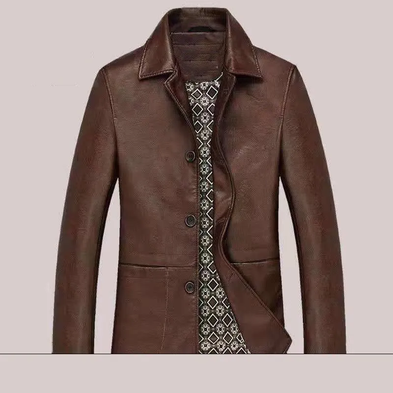 Men's solid colour PU leather polo collar coat with extended 100cm length and tight fit in black