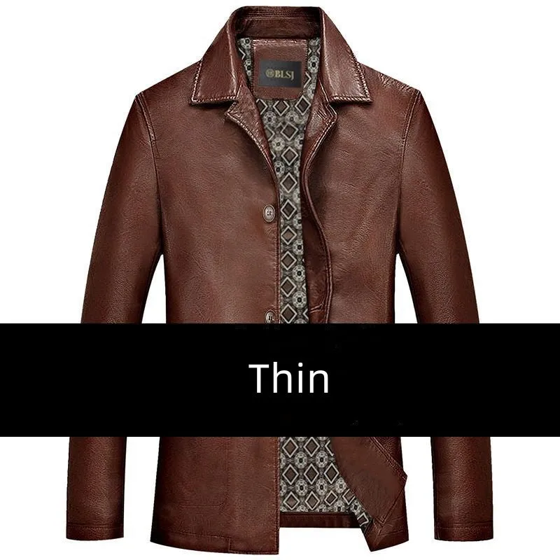 Men's solid colour PU leather polo collar coat with extended 100cm length and tight fit in black
