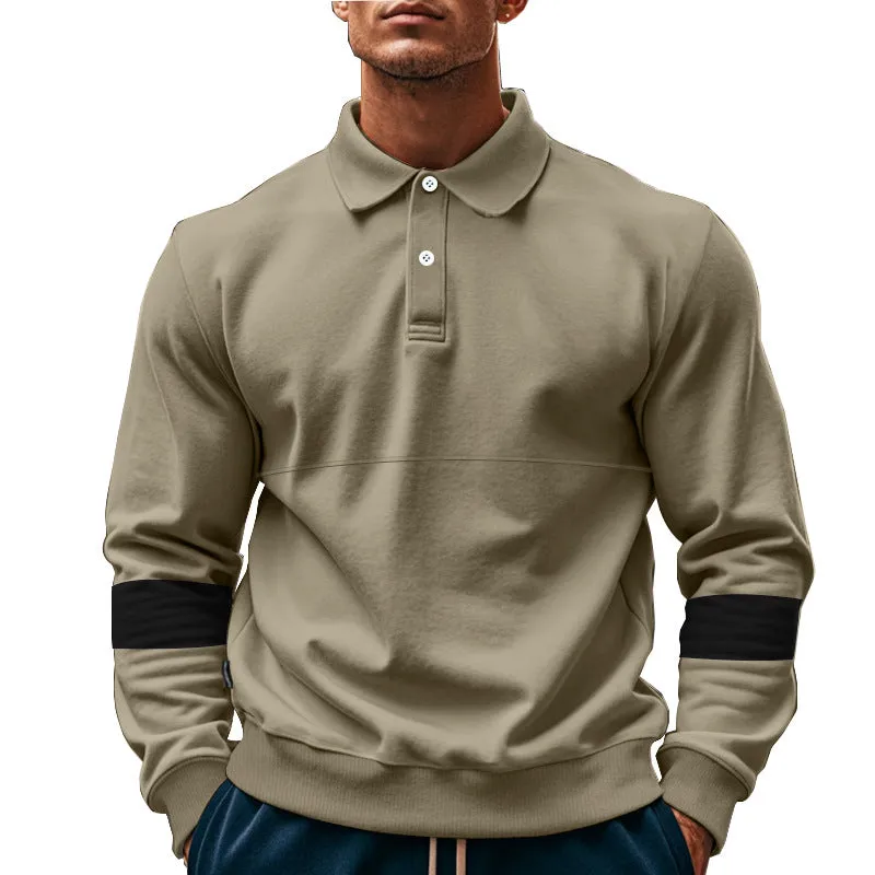 Men's long-sleeved lapel polo shirt with button front in five colour options including khaki and black
