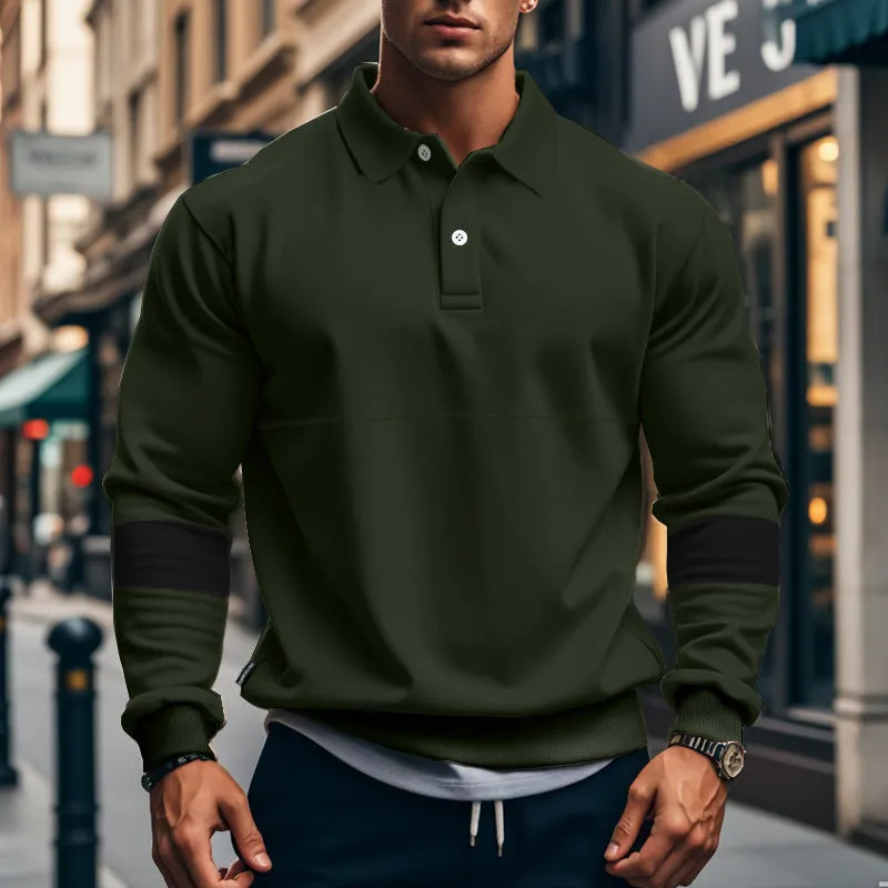 Men's long-sleeved lapel polo shirt with button front in five colour options including khaki and black