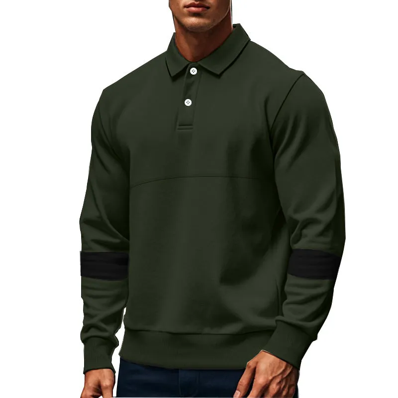 Men's long-sleeved lapel polo shirt with button front in five colour options including khaki and black