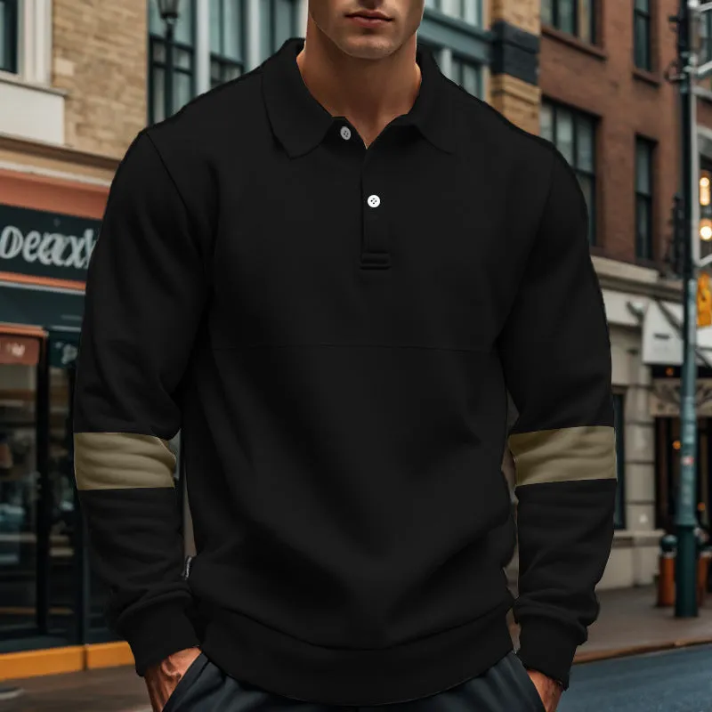 Men's long-sleeved lapel polo shirt with button front in five colour options including khaki and black