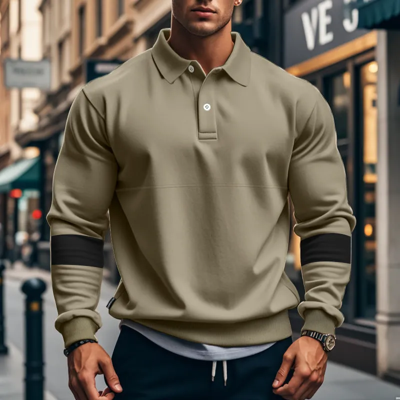Men's long-sleeved lapel polo shirt with button front in five colour options including khaki and black
