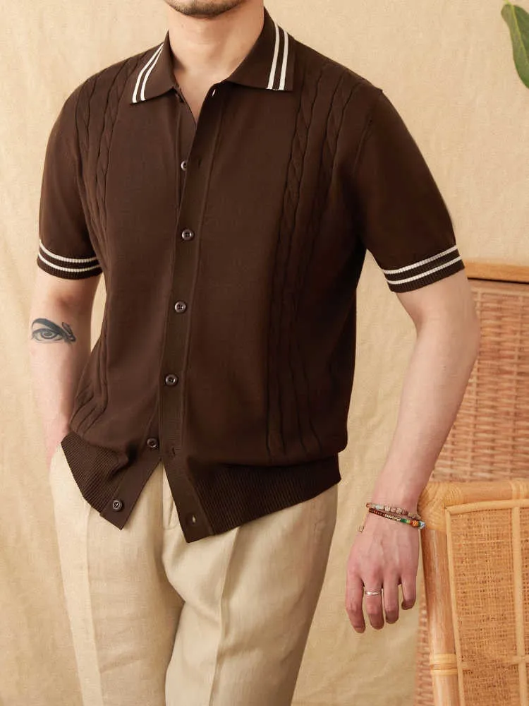 Men's apricot lapel collar short-sleeved cotton blend polo shirt laid flat.
