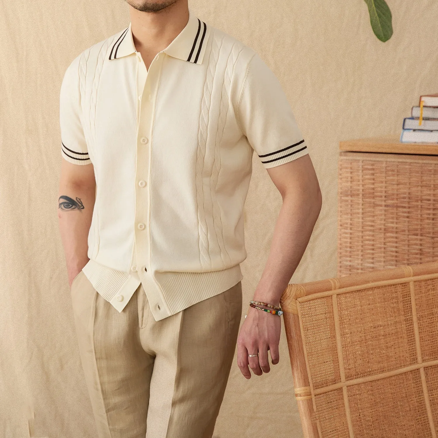 Men's apricot lapel collar short-sleeved cotton blend polo shirt laid flat.