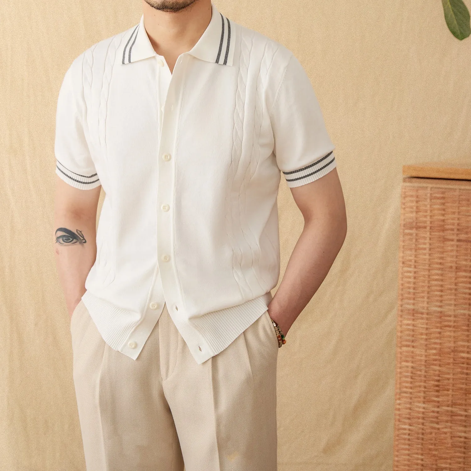 Men's apricot lapel collar short-sleeved cotton blend polo shirt laid flat.