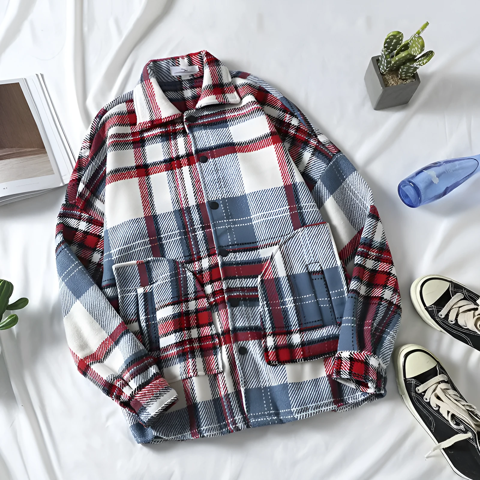 Men's brushed plaid polar fleece shirt in red, loose cardigan fit, autumn casual wear