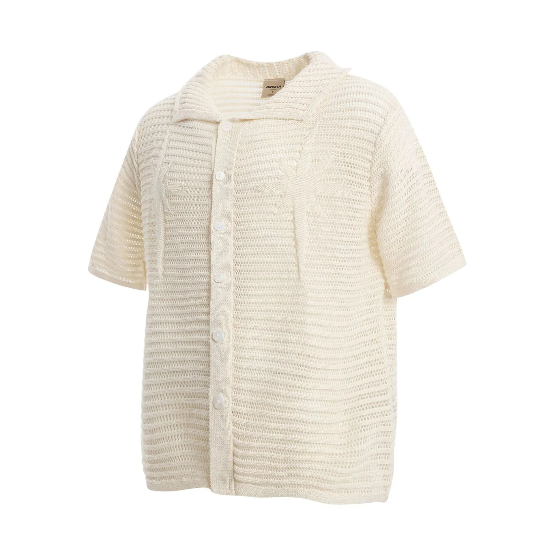 American retro loose short sleeve cotton shirt in apricot colour on a hanger.