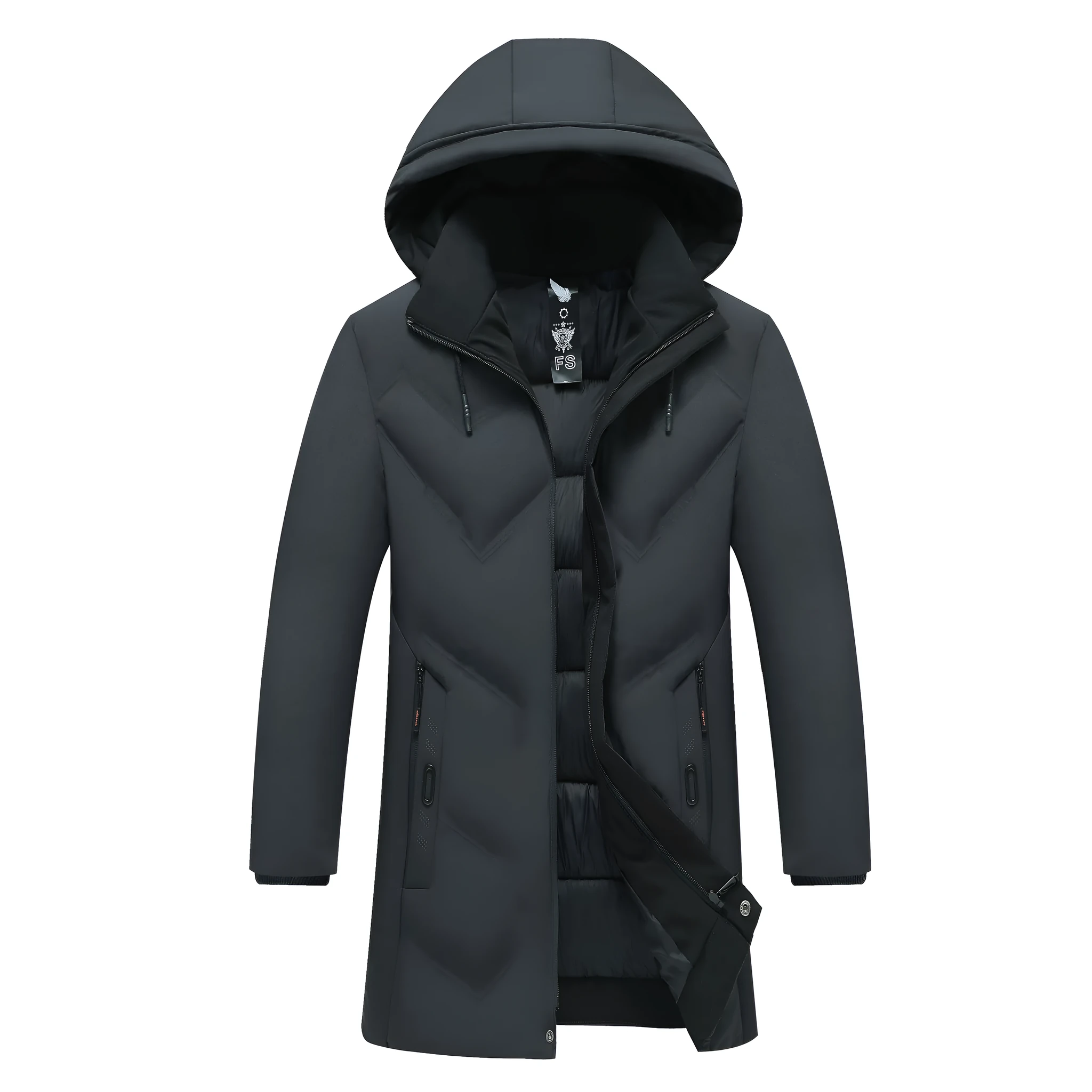Thickened mid-length cotton-polyester men's jacket, loose fit, zipper pockets, black or gray