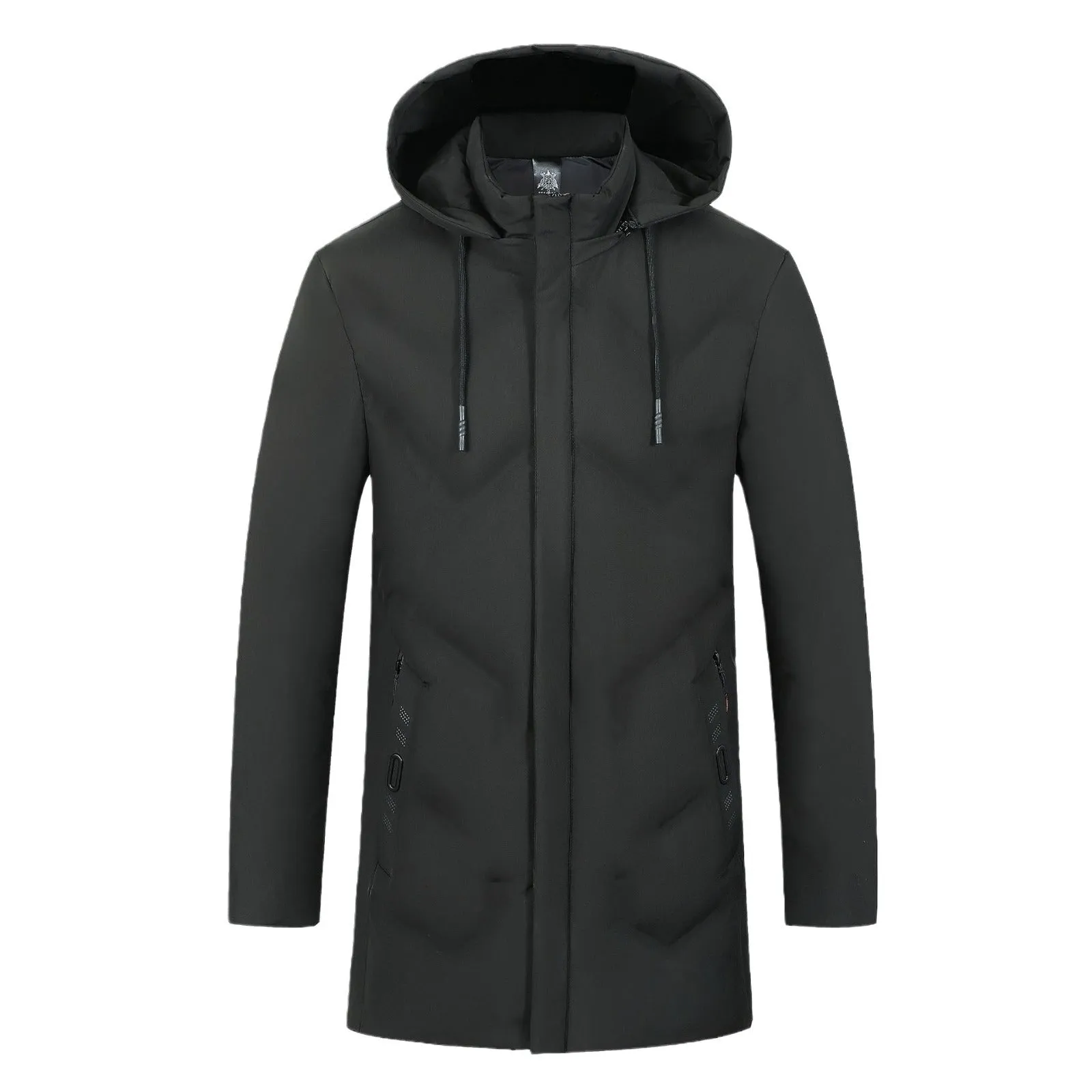 Thickened mid-length cotton-polyester men's jacket, loose fit, zipper pockets, black or gray