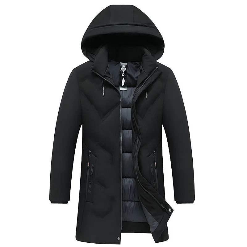 Thickened mid-length cotton-polyester men's jacket, loose fit, zipper pockets, black or gray
