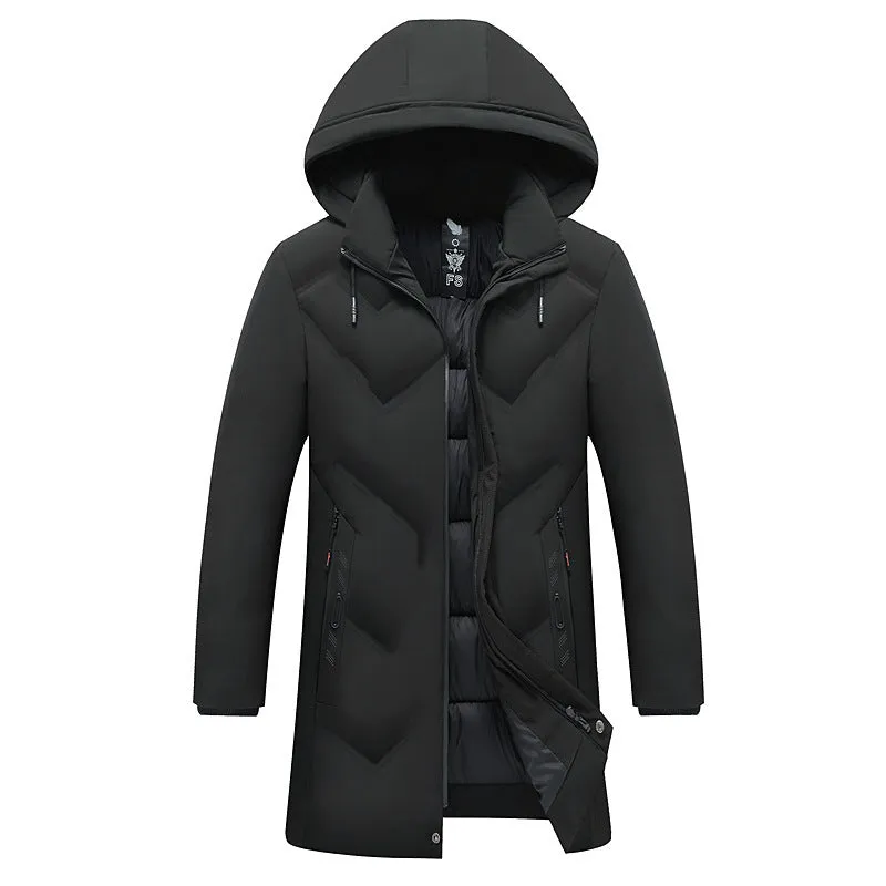Thickened mid-length cotton-polyester men's jacket, loose fit, zipper pockets, black or gray