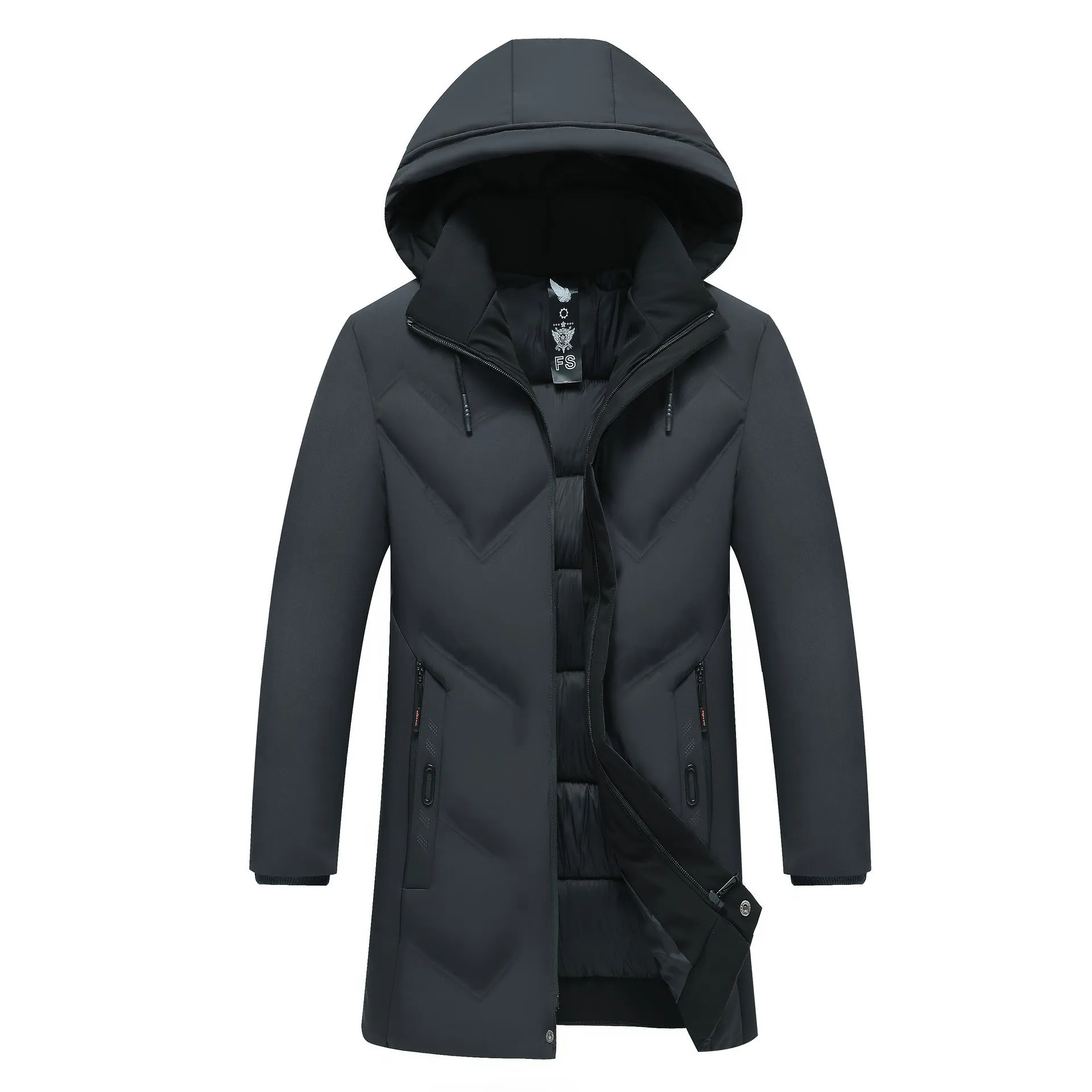 Thickened mid-length cotton-polyester men's jacket, loose fit, zipper pockets, black or gray