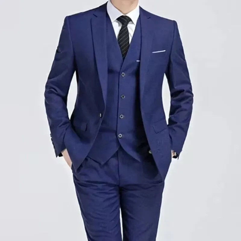 Men's three-piece groom suit set in slim fit, dark green, with coat trousers and vest on a hanger