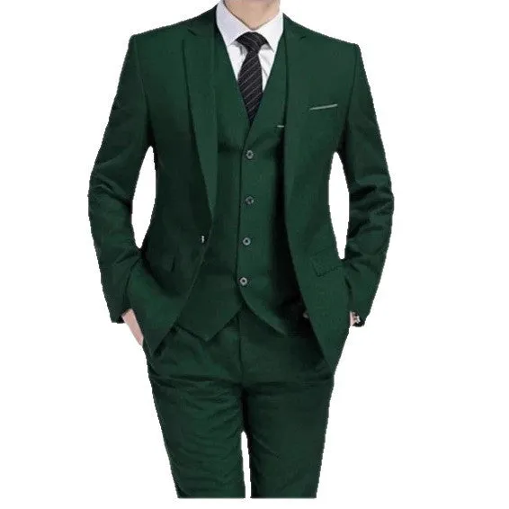 Men's three-piece groom suit set in slim fit, dark green, with coat trousers and vest on a hanger