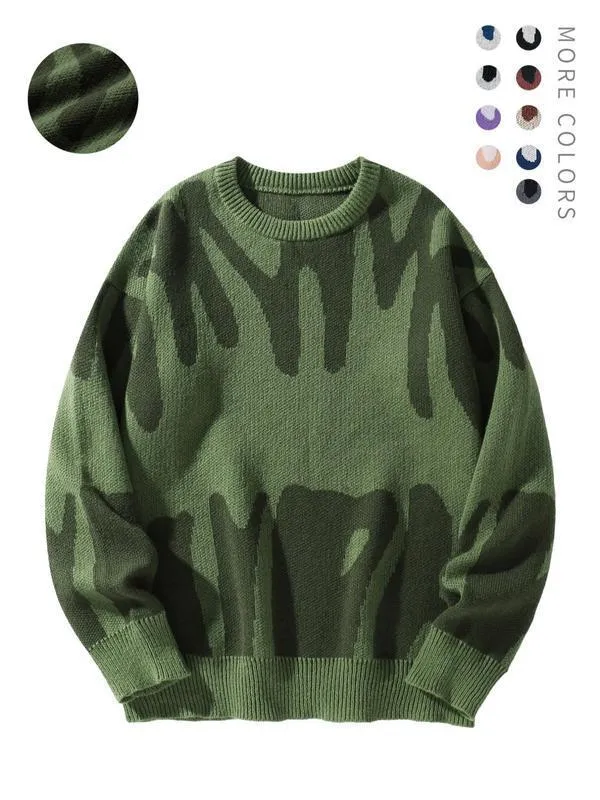 Men's casual knit sweater in green, loose-fit pullover with long sleeves, modal and rabbit hair blend