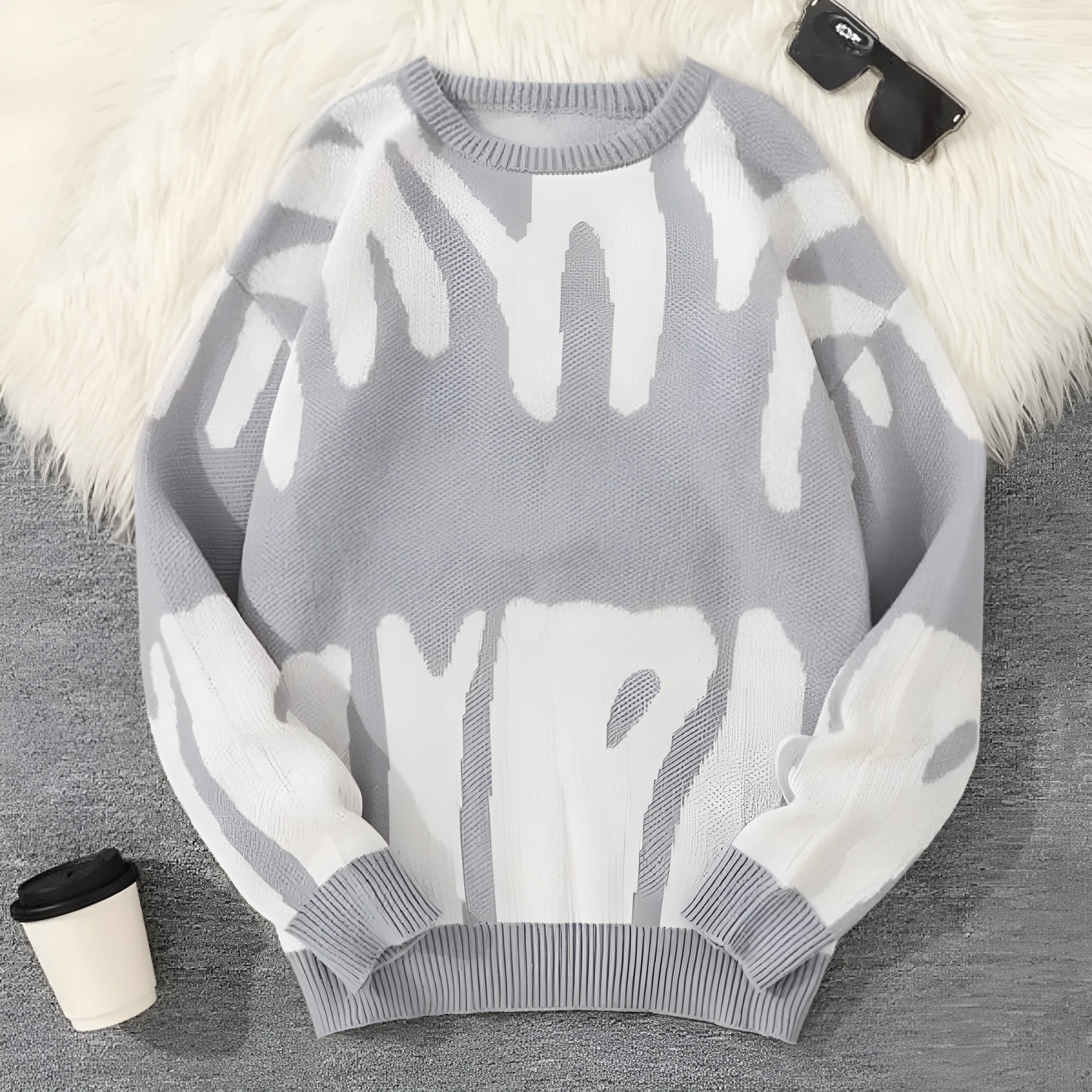 Men's casual knit sweater in green, loose-fit pullover with long sleeves, modal and rabbit hair blend