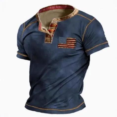 Men's blue short sleeve sports shirt with 3D printed pattern, button front, and lapel.